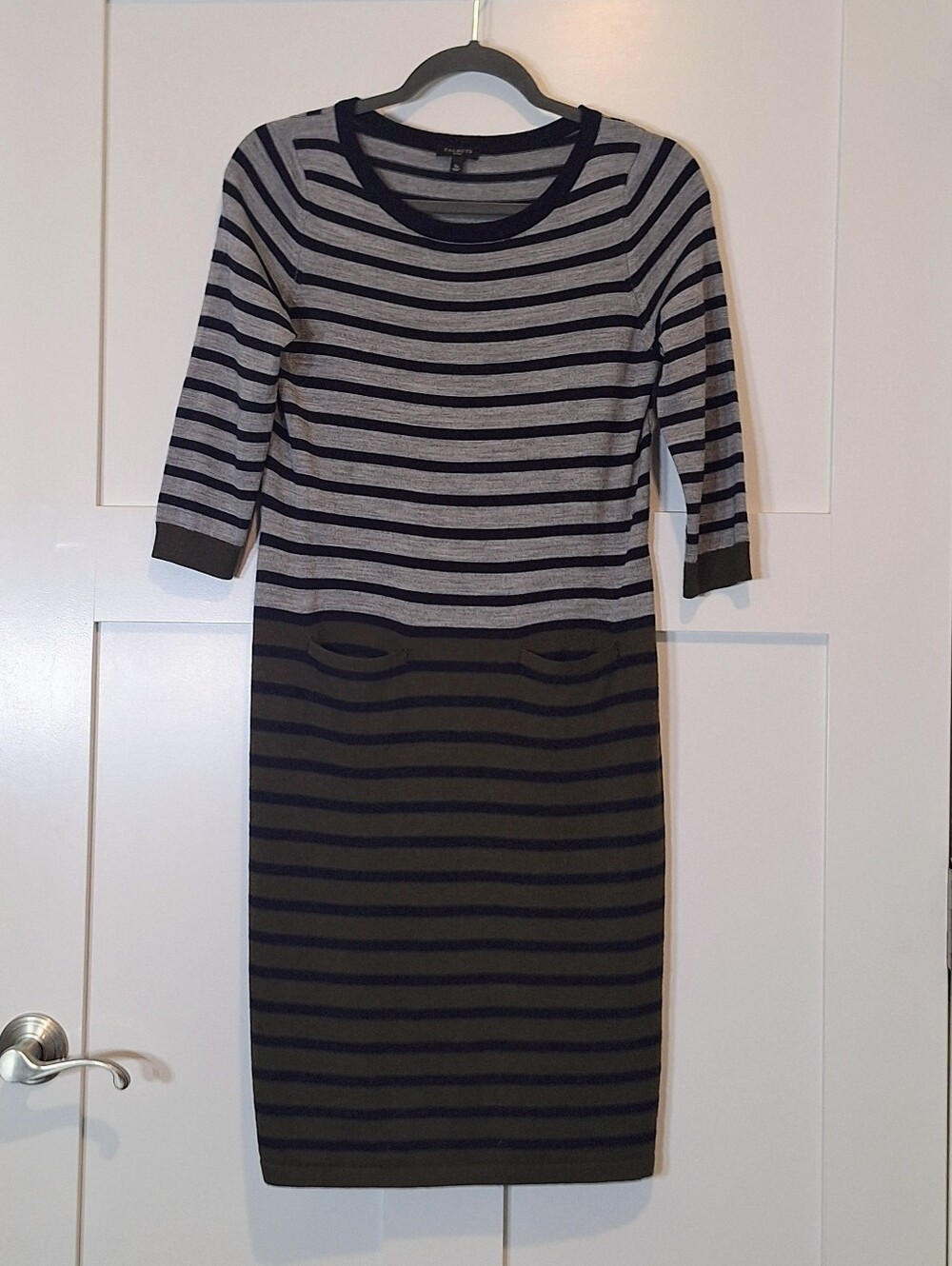 Talbots Wool Blend Petite Sweater Dress Midi Striped Gray Navy Olive Small Petit